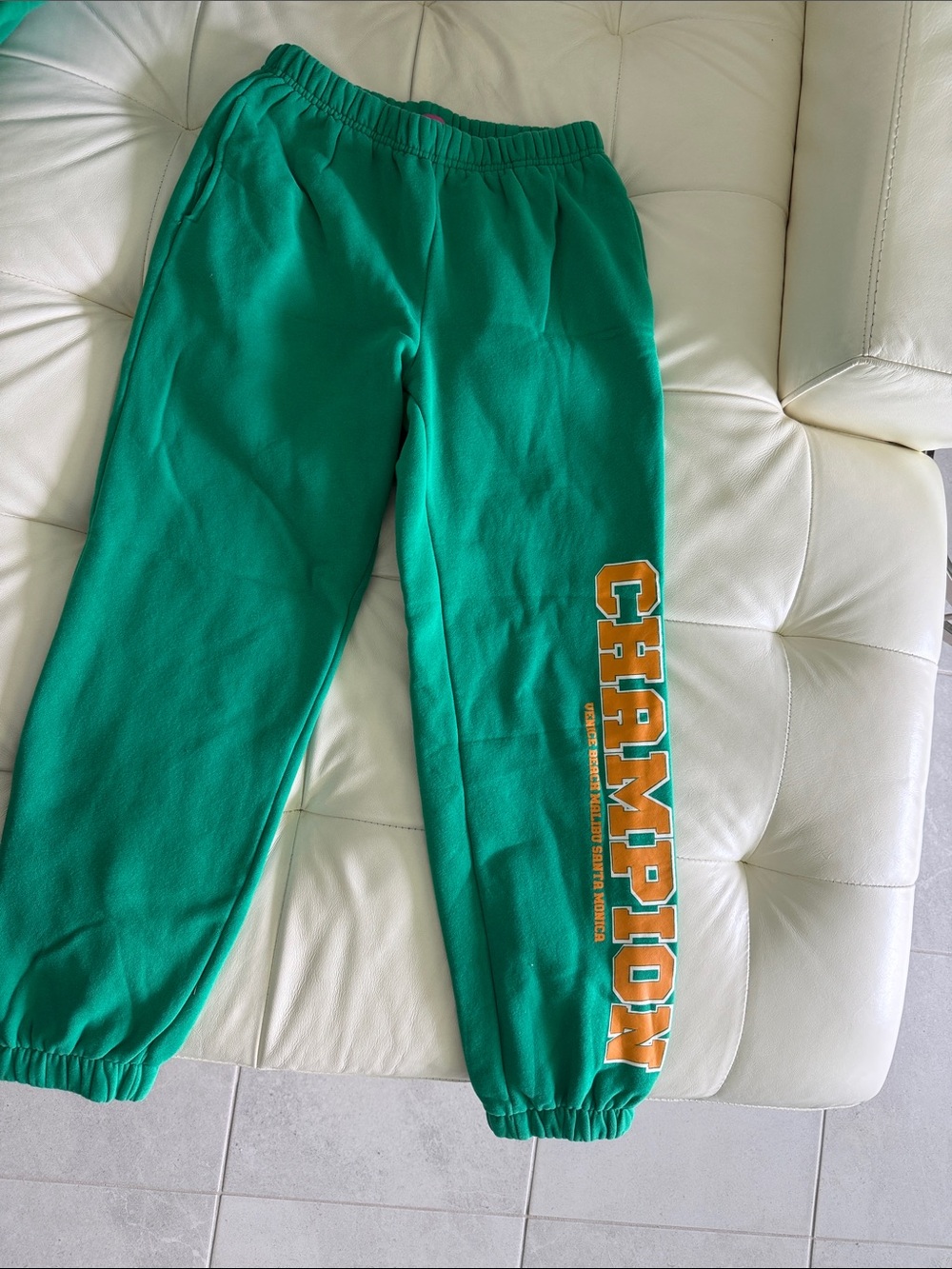 Edikted Green Sweatpants with Yellow 'CHAMPION' Side Logo